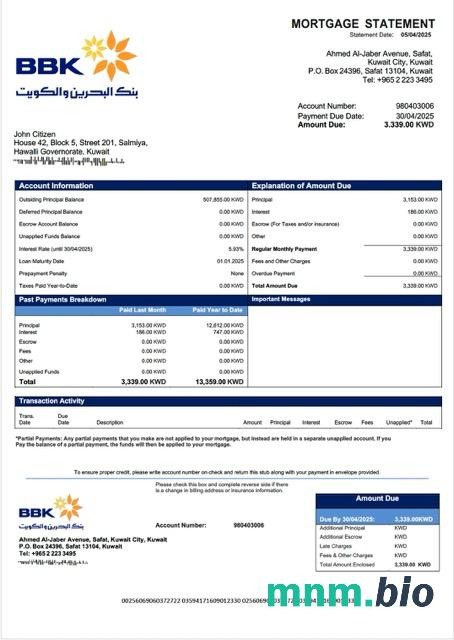 Kuwejt Bank of Bahrain and Kuwait wyciąg z kredytu hipotecznego szablon Word i PDF